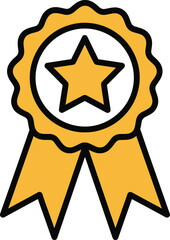 Black outline of award ribbon with star center, achievement recognition line vector in solid gold accents