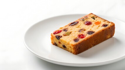 A Slice Of Fruitcake With Colorful Candied Fruits And Raisins On A White Plate With White Background