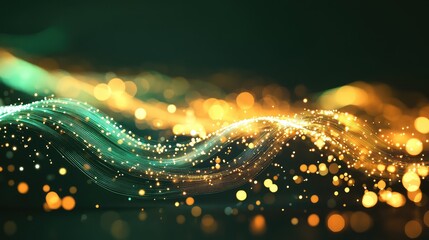 Abstract glowing lines creating a dynamic wave pattern with sparkling particles, representing concepts of technology, data flow, energy, and communication