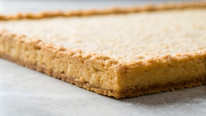 Close up detailed texture of a golden baked shortbread tart crust on a light grey surface