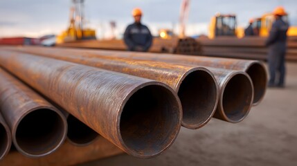 Rusty steel pipes stacked outdoors at dawn with construction workers in the background