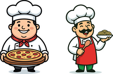 Cartoon chefs holding pizza and cooking tools illustration, smiling restaurant cooks characters, food service concept isolated on white
