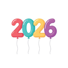 2D flat illustration of colorful balloons forming the year '2026