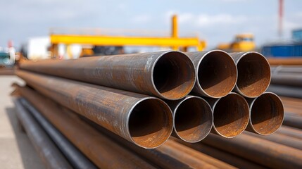 A large pile of rusty weathered steel pipes is neatly stacked in an outdoor industrial storage yard under a clear sky with a yellow crane in the