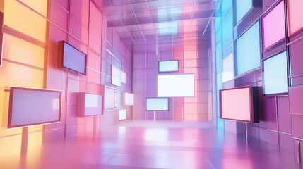 Multiple rectangular display screens with blank white and colorful surfaces presenting a modern, abstract art gallery or digital information space with dynamic lighting effects