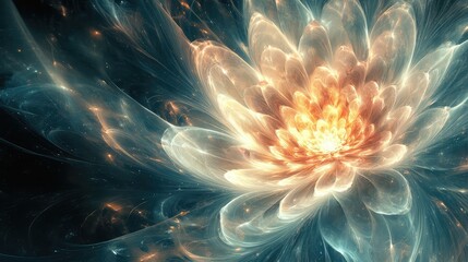 Obraz premium Vibrant abstract fractal flower blooming with warm fiery light radiating from its center, showing intricate glowing petals blending into cool nebular hues and sparkling particles