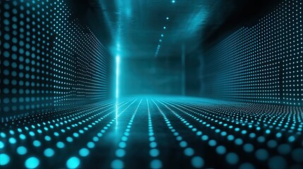 Abstract digital space visualizing data transfer and modern technology, featuring glowing blue light dots forming a grid pattern on reflective surfaces
