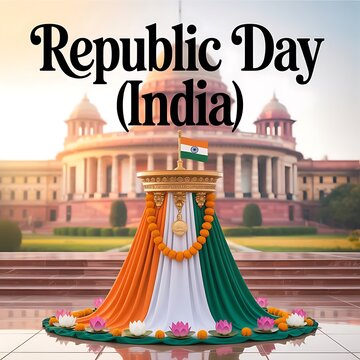 Ceremonial podium with Indian flag and flowers in front of Rashtrapati Bhavan