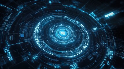 Abstract digital data appearing as a glowing blue tunnel with intricate circuit patterns and a central processing element, representing advanced technology and network connections