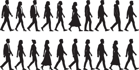 Walking Business People Silhouettes: Collection of Diverse Male and Female Professionals in Business Attire Moving Forward in Continuous Vector Line.