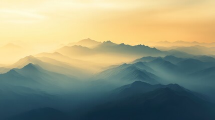 Layered mountain peaks are appearing through a peaceful warm and cool gradient fog, creating a serene and expansive natural landscape with a sense of depth and tranquility