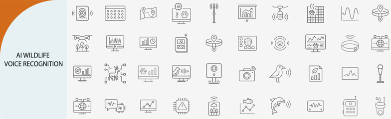 AI wildlife voice recognition icon set, line vector illustration