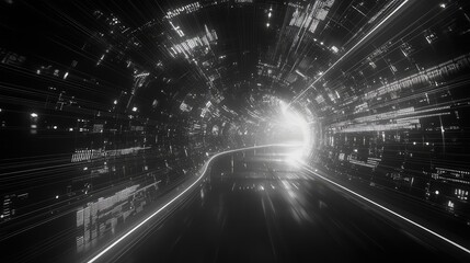 Abstract tunnel representing high speed data transfer and communication in a digital information era, creating a fast paced technology concept with bright light at the end