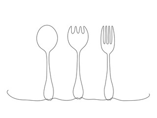 Minimal continuous one line illustration of a cutlery set with spoon, spork, and forks in clean black outline on white, representing simplicity, dining, and modern kitchen design. Editable stroke