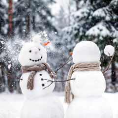 Two snowmen were having a lively snowball fight in a beautiful winter forest, where one snowman lost his carrot nose 