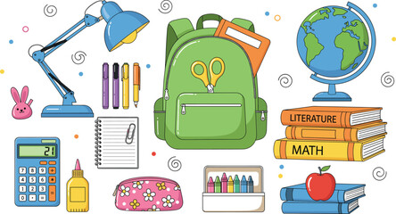 Colorful Back to School Supplies Vector Set with Backpack, Books, Desk Lamp, and Calculator for Education and Learning Projects