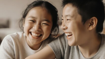 Joyful Asian siblings sharing a lighthearted moment together.