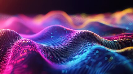 Abstract digital waves forming dynamic particle field, illustrating concepts of data flow, cybersecurity, technological innovation, and vibrant energy with glowing dots and colorful gradients