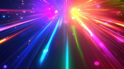 Burst of colorful light rays and glowing particles generating dynamic energy flowing towards the viewer, illustrating speed, technology, and futuristic concepts