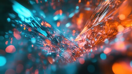 Abstract background presenting fractured glass like structures radiating light with glowing particles, creating a dynamic visual flow of cool blue moving into warm orange tones