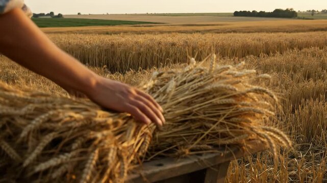 Farmer hands resting on a bundle of wheat on a wooden cart. Close-up of ripe grain harvest in a golden field at sunset. Agriculture and farming concept