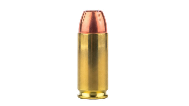 9mm Luger cartridge isolated PNG, a centerfire pistol ammunition with a brass casing and copper jacketed bullet on transparent background