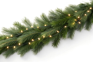 Obraz premium Lit Pine Garland Display: Lush Green Needles with Warm White String Lights on Clean White Background. Generative ai