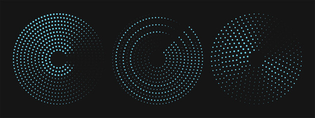 Set of speed dotted shape vector icons. Halftone circular graphic elements for design	