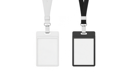 Two blank id badges on lanyards in white and black colors isolated on transparent background