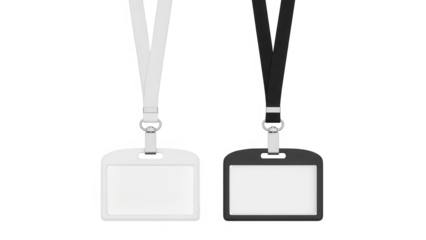 Two blank name tags on white and black lanyards side by side isolated on transparent background