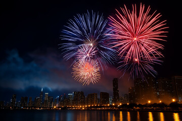 A dazzling display of colorful fireworks illuminating the night sky over an urban skyline, creating a vibrant and festive atmosphere during a city celebration.