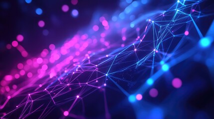 Abstract luminous network of glowing nodes and connecting lines visualizes global data communication, ai, big data and high tech digital infrastructure on a vibrant neon grid