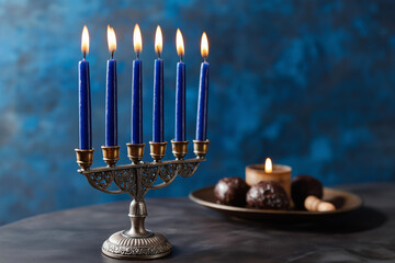 Fototapeta premium A beautifully arranged menorah with lit blue candles alongside decorative elements, symbolizing tradition and celebration of a festive occasion.