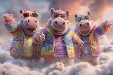 Drei fr&ouml;hliche Nilpferde mit Brillen und bunten Strickjacken auf Wolken