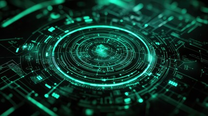 Abstract technology background with vibrant green circuit lines illustrating a digital network, data processing, and cybersecurity, conveying themes of innovation and connectivity