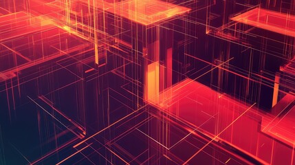 Futuristic abstract representation featuring glowing geometric forms and interconnected lines, visualizing data flow, communication, and technological advancement in a red and orange palette