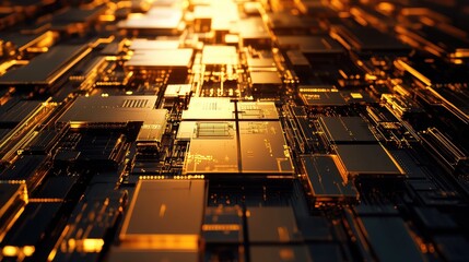 Microprocessor elements and glowing electronic connections forming a complex printed circuit board, illustrating advanced computer technology and abstract data processing