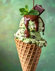 Goldene Waffel mit Pistazieneis und fl&uuml;ssiger Schokolade vor passendem gr&uuml;nen Hintergrund, s&uuml;&szlig;e Leckerei.