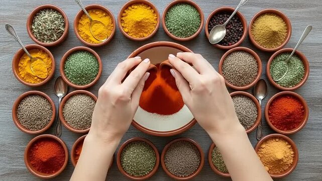 Hands Mixing a Variety of Colorful Spices in Bowls on a Wooden Table.