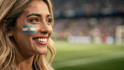 Beautiful Young Argentinian Female Fan with Flag Painted on Cheek at Football Stadium
