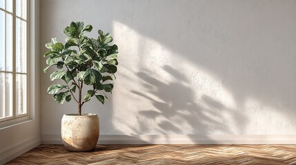 Fototapeta premium White Wall with Parquet Floor and Potted Fiddle-Leaf Fig Tree in Minimalist Interior Design, Bright Natural Light for Product Mockup