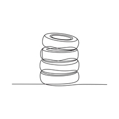 A minimalist line drawing depicts a stack of four round tires
