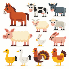 Fototapeta premium Cute Farm Animals Vector Set. Flat Cartoon Livestock Collection