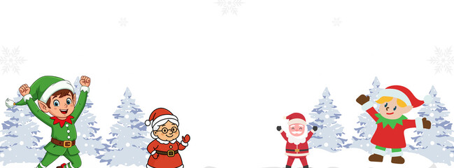 PNG image of Cheerful christmas characters including santa claus mrs claus and happy elves celebrate winter wonderland with falling snow and snowy trees on transparent background