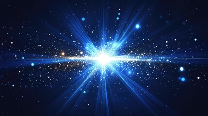 Obraz premium Digital light explosion of blue and white particles and glowing rays spreading through dark space, evoking data flow, futuristic connectivity, energy and technological innovation