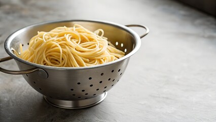 Freshly Cooked Spaghetti Noodles Draining in a Stainless Steel Colander on a Textured Gray Surface