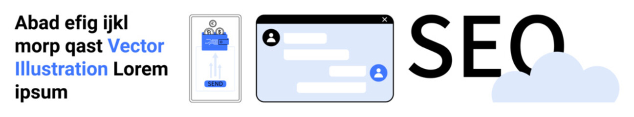 Obraz premium SEO concepts, online communication, digital marketing tools, cloud services, web design, branding. Visual includes mobile screen, user chat window SEO text and cloud icon. SEO and online