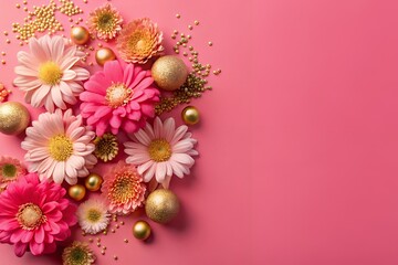 Vibrant pink flowers and gold ornaments on pink background