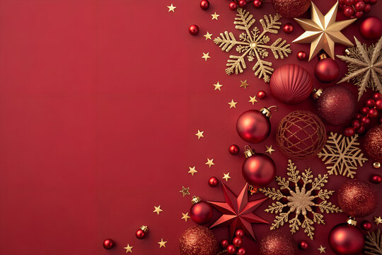 Christmas Ornament Layout: Red and Gold Baubles, Stars, Snowflakes, and Beads on Red Background with Blank Space for Design.   Generative ai