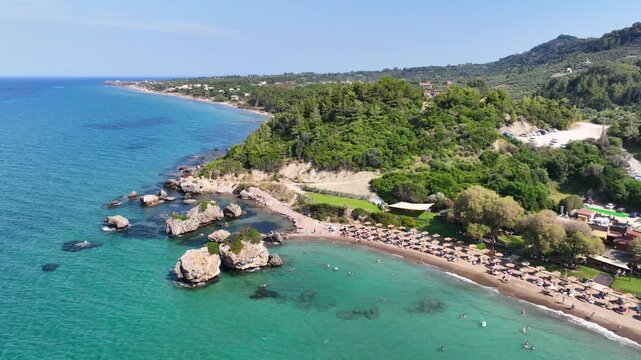 Aerial drone cinematic video of famous sandy beach of Porto Zoro in island of Zakynthos, Ionian, Greece